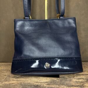 Vintage Etienne Aigner Navy Blue Leather Tote Bag Patent Trim Shoulder Purse